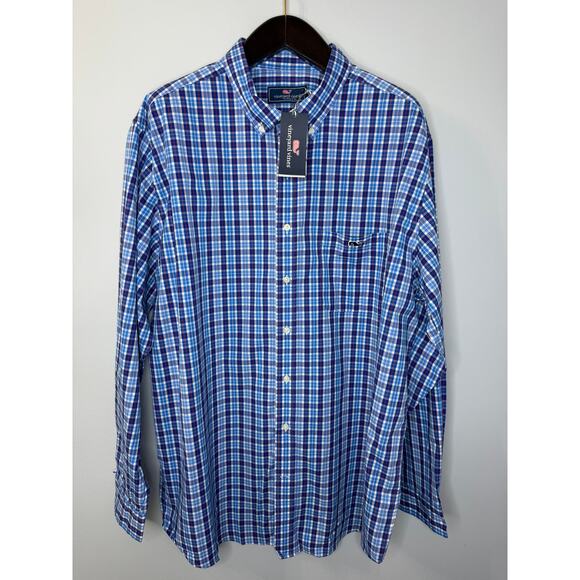 Vineyard Vines Men's Tattersall Classic Fit Poplin Button-Down Shirt Blue Sz XL - Picture 1 of 11